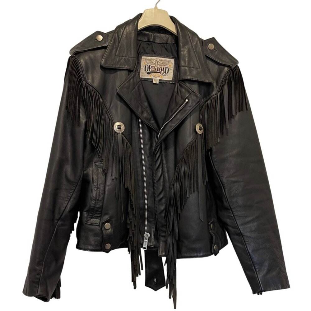 Vintage Open Road Leather Fringe Motorcycle Jacket 1991 Black Size 38